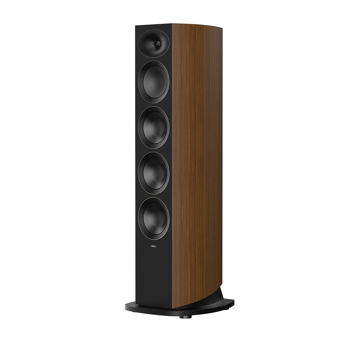 Revel Performa4 F346 Floorstanding Loudspeaker - Walnut - single speaker front and side view without grille angled left