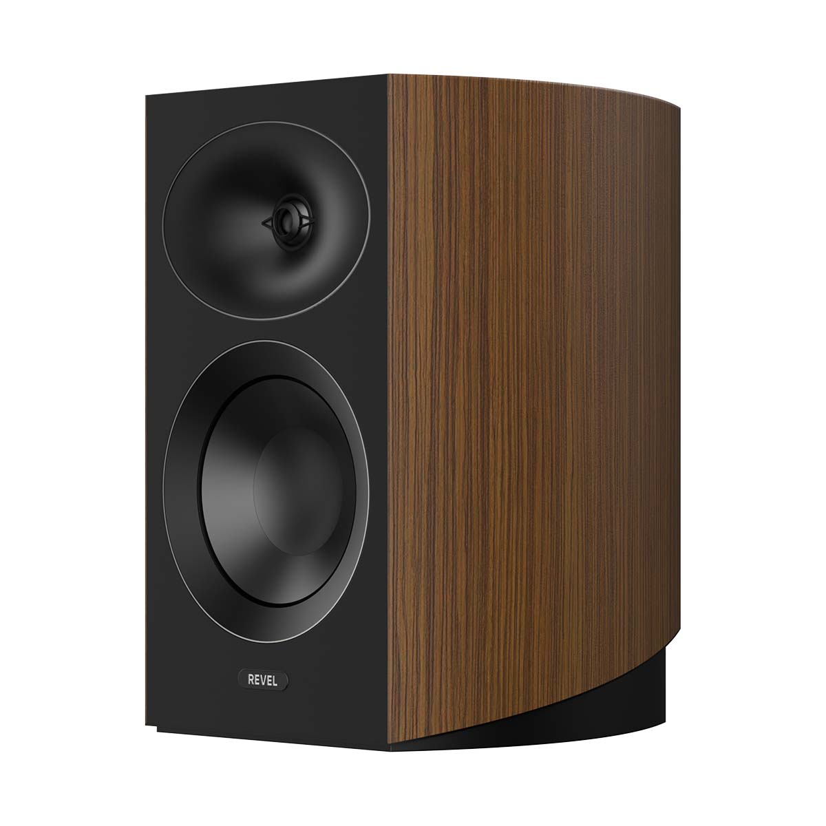 Revel Performa4 M145 Bookshelf Loudspeaker - Walnut - single speaker front and side view without grille angled left