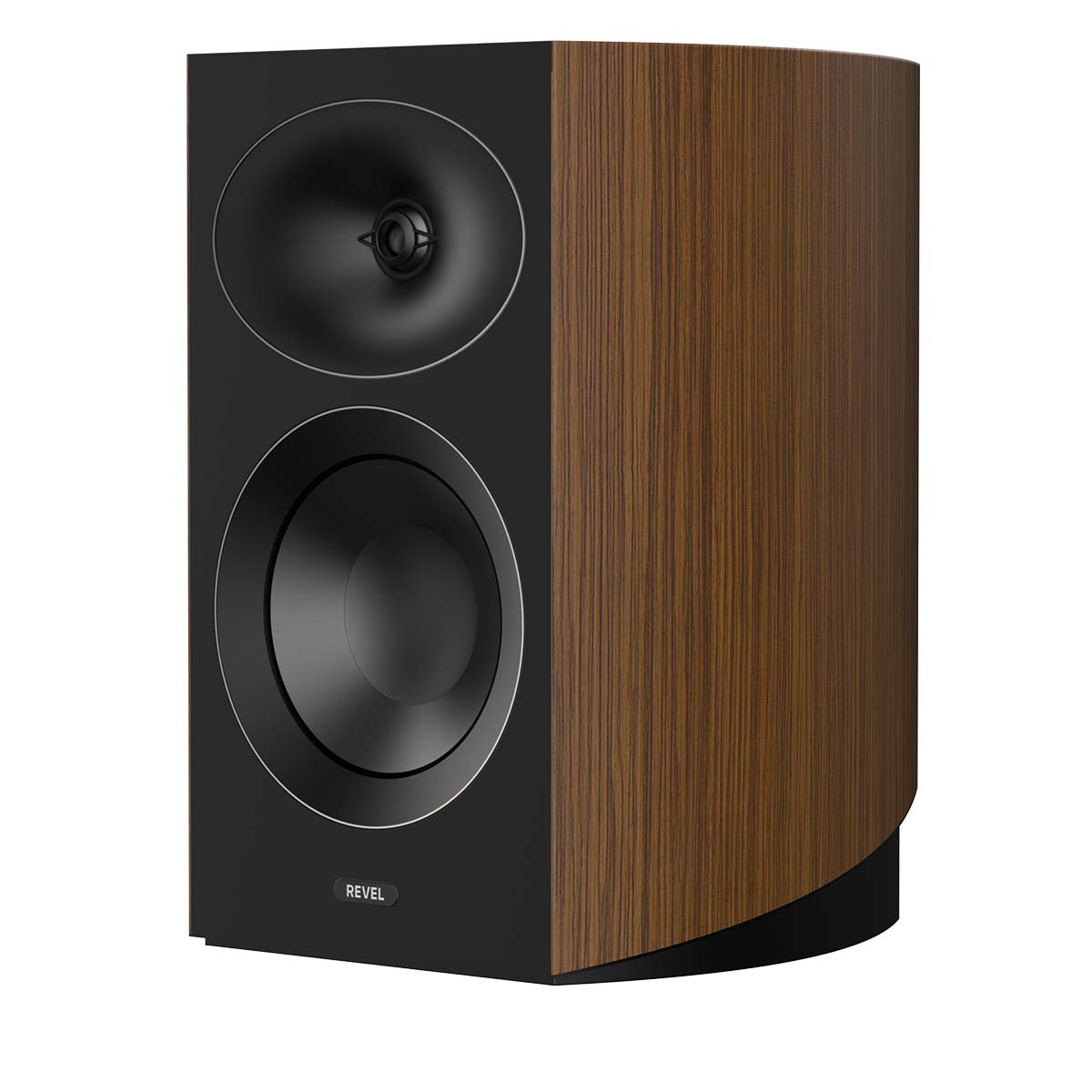Revel Performa4 M146 Bookshelf Loudspeaker - Walnut - single speaker front and side view without grille angled left