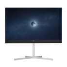 A modern flat-screen monitor with a slim white bezel and a silver metal stand, displaying a night-sky scene with the moon on the screen, set against a plain white background.