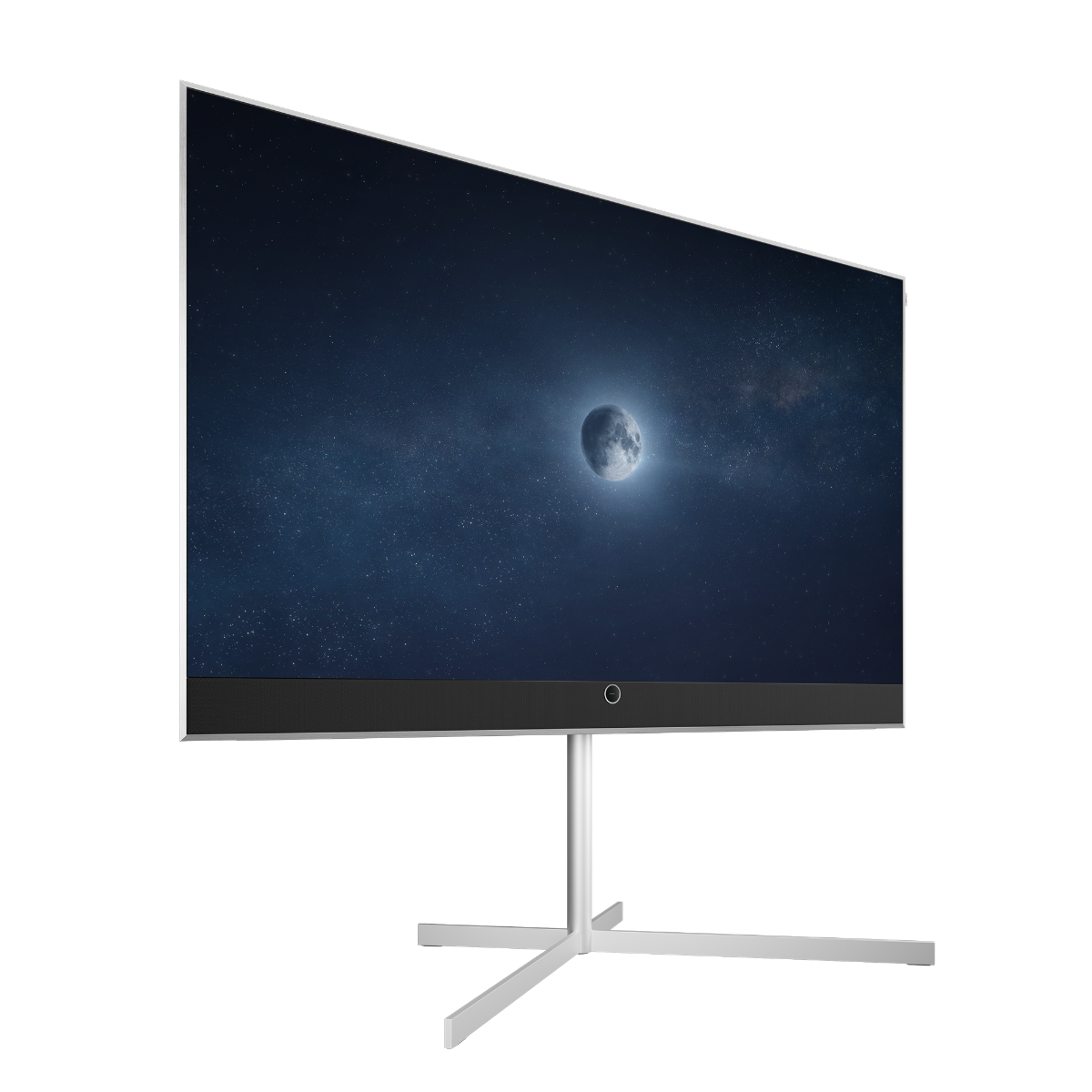 A large widescreen computer monitor with a slim silver bezel and a silver metal stand, displaying a dark space scene with the moon on a plain white background.