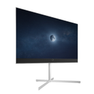 A large widescreen computer monitor with a slim silver bezel and a silver metal stand, displaying a dark space scene with the moon on a plain white background.