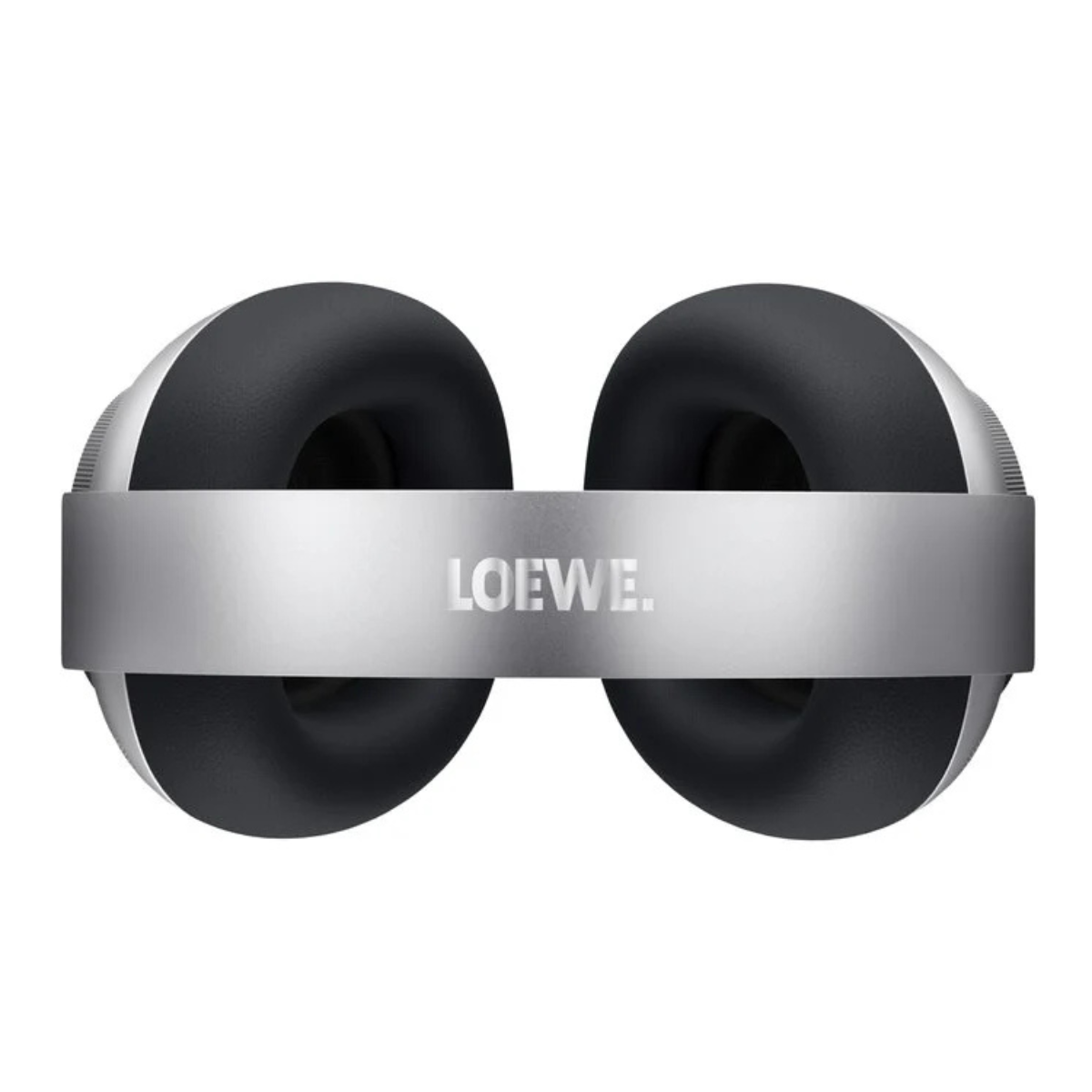 A pair of over-ear Leowe Leo headphones with large black cushioned ear pads and a metallic silver headband featuring the LOEWE logo, shown against a plain white background.