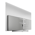 A modern flat-screen TV shown from the back, featuring a large silver-gray panel, a central mounting bracket, and a slim stand on a plain white background.