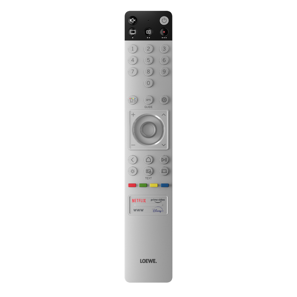 A silver Loewe streaming device remote control with a black top panel, gray buttons, and colorful Netflix, Prime Video, and Disney+ logos near the bottom, shown on a plain white background.