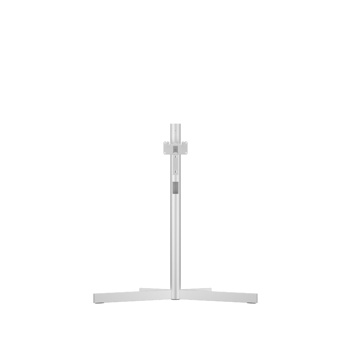 A silver metal Loewe Stellar stand with a vertical post and a wide, flat triangular base, shown against a plain white background.