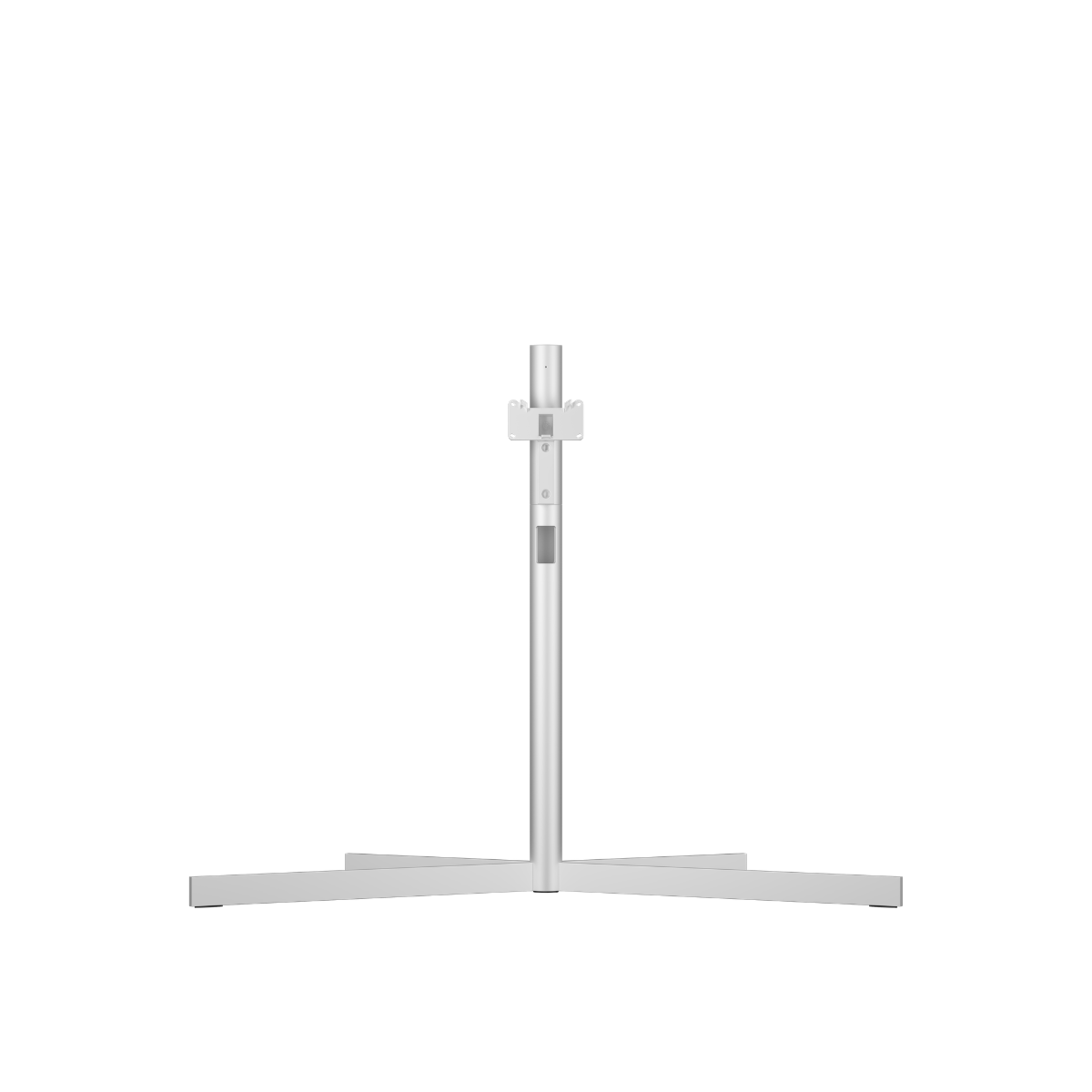 A modern silver metal  floor stand with a vertical central column and a wide, flat cross-shaped base, shown against a plain white background.