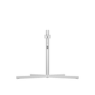 A modern silver metal  floor stand with a vertical central column and a wide, flat cross-shaped base, shown against a plain white background.