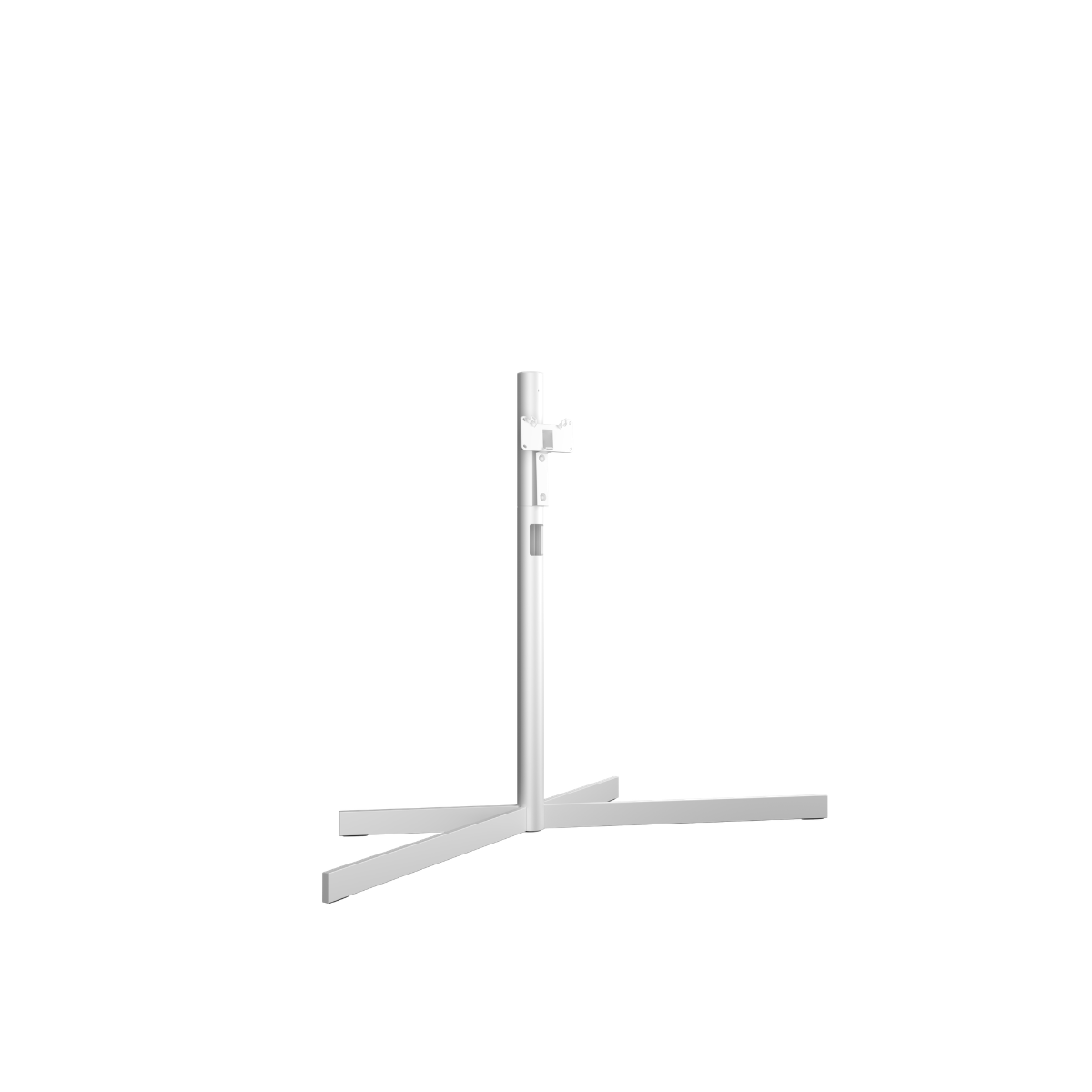 A minimalist white metal Loewe floor stand with a cross-shaped base and a vertical post, shown against a solid white background.