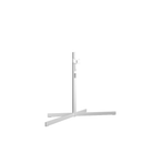 A minimalist white metal Loewe floor stand with a cross-shaped base and a vertical post, shown against a solid white background.