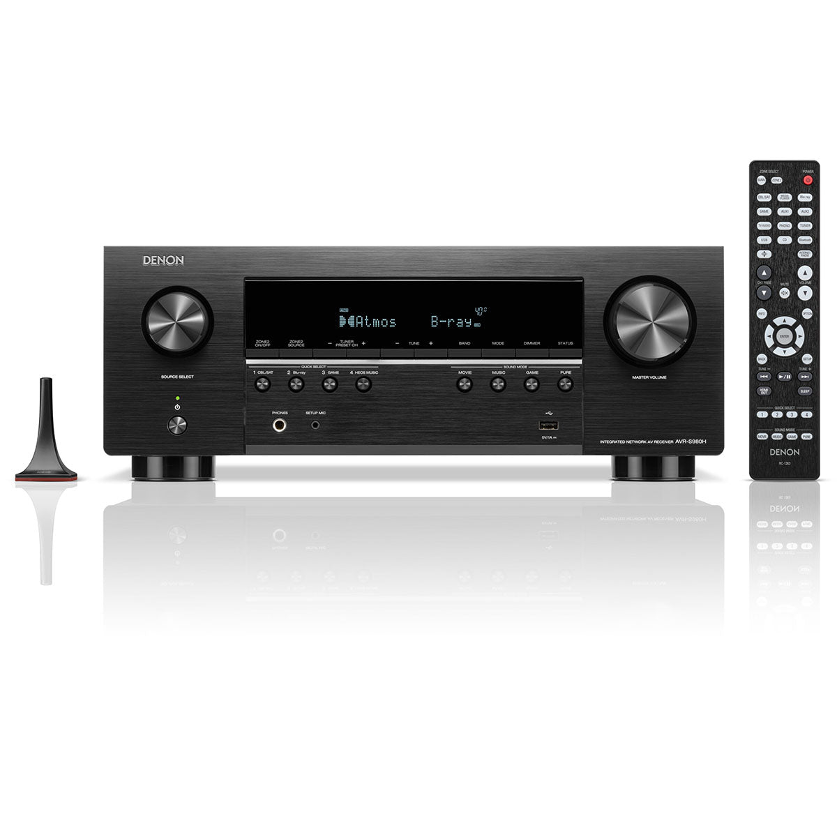Denon AVR-S980H AV Receiver front view with remote to right and dongle to left