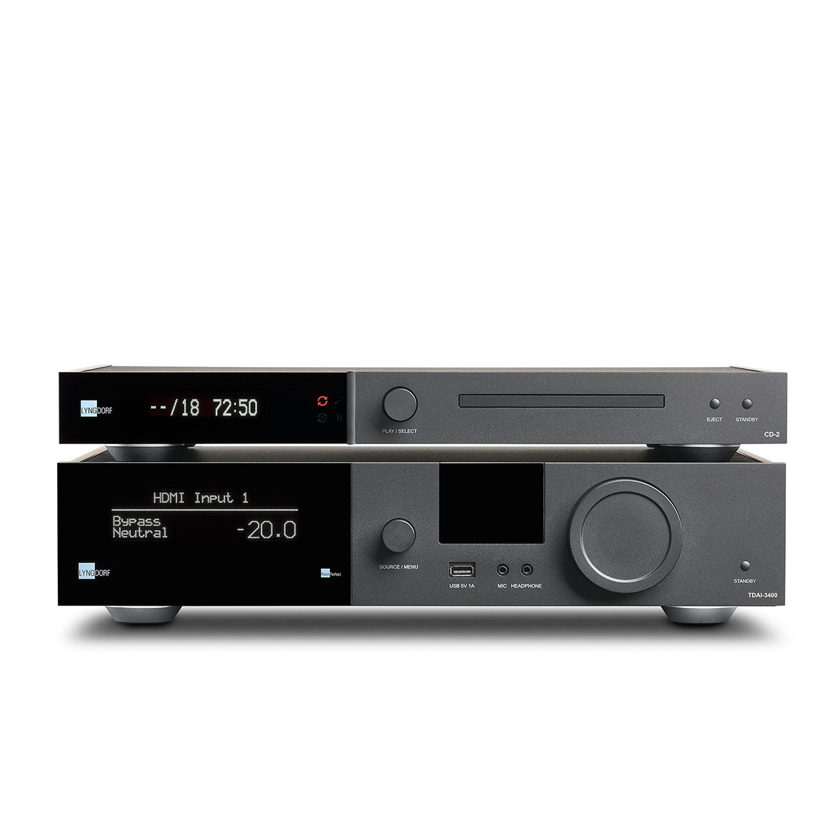 Lyngdorf TDAI-3400 Flagship Digital Integrated Amplifier with RoomPerfect front view with Lyngdorf CD-2 stacked on top
