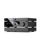Lyngdorf TDAI-3400 Flagship Digital Integrated Amplifier with RoomPerfect front view angled left stacked between Lyngdorf CD-2 above and Lyngdorf SDA-2400 below