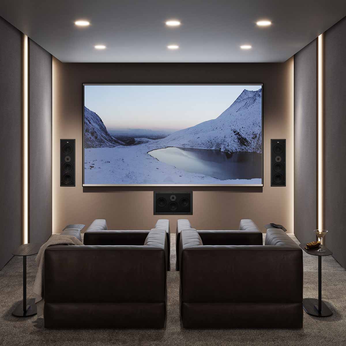 Lyngdorf D-500 Center Speaker lifestyle shot of unit below theater screen