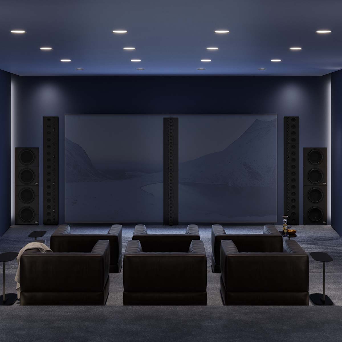 Lyngdorf LS-1000 Line Source Speaker lifestyle shot of full theater setup with left center and right speakers in wall