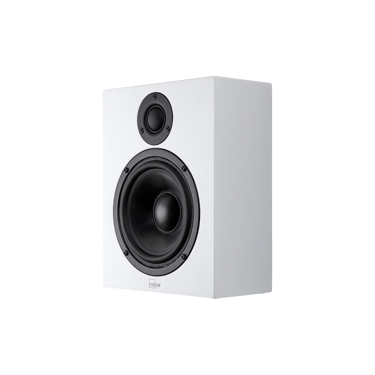 Lyngdorf MH-2 Satellite Speaker white speaker front view angled left without grille