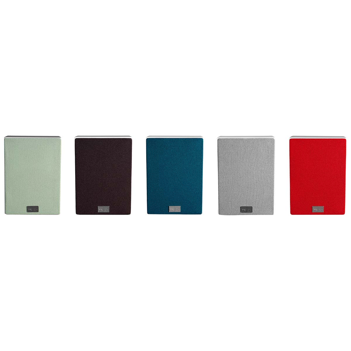 Lyngdorf MH-2 Satellite Speaker five speakers in a row with all grille colors: from left to right green, black, blue, gray and red