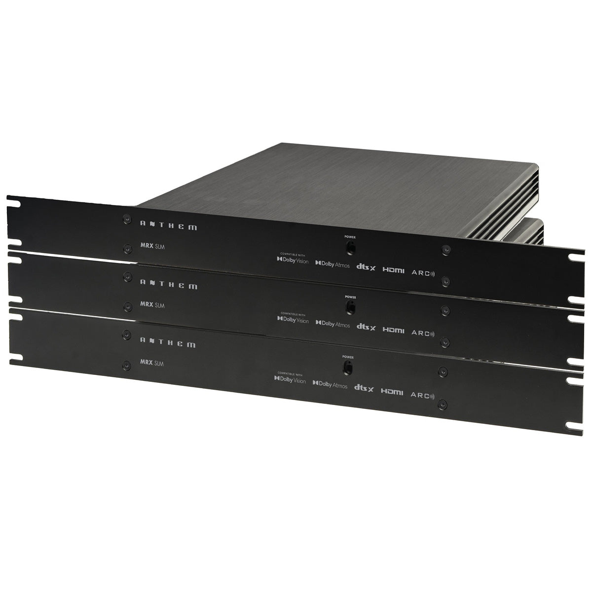 Anthem MRX SLM Rack Mount Kit showing three units triple stacked
