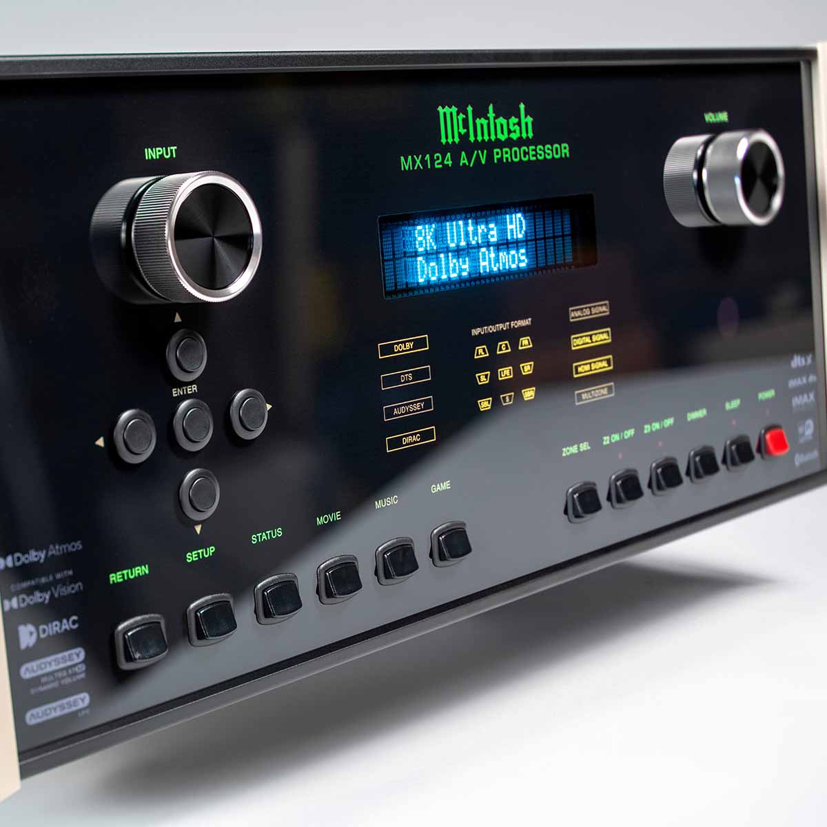 McIntosh MX124 A/V Processor front view detail angled left