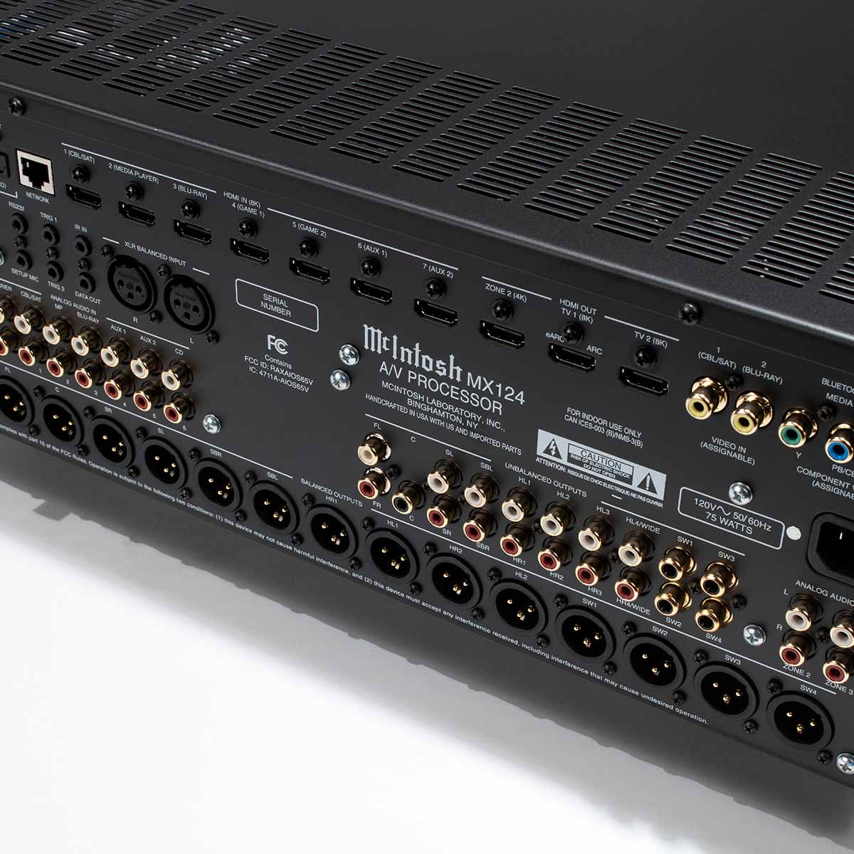 McIntosh MX124 A/V Processor rear view detail angled left