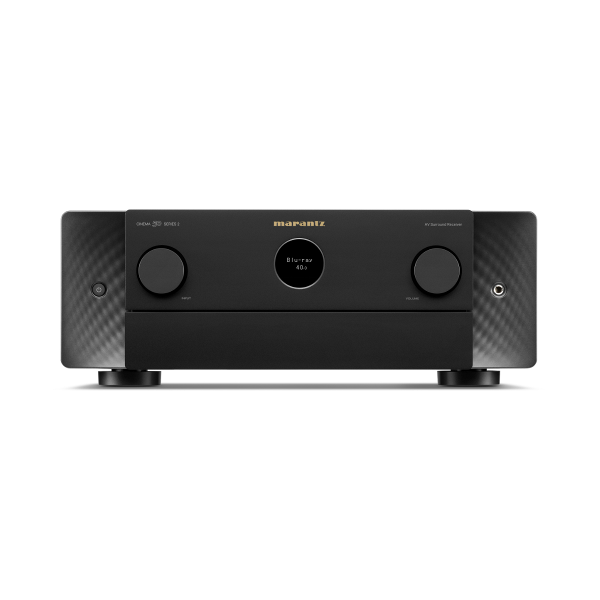 A black Marantz Cinema 50 Series 2 AV Receiver with a carbon-fiber textured pattern on the side panels, featuring two large front volume knobs and a central display screen, set against a plain white background.