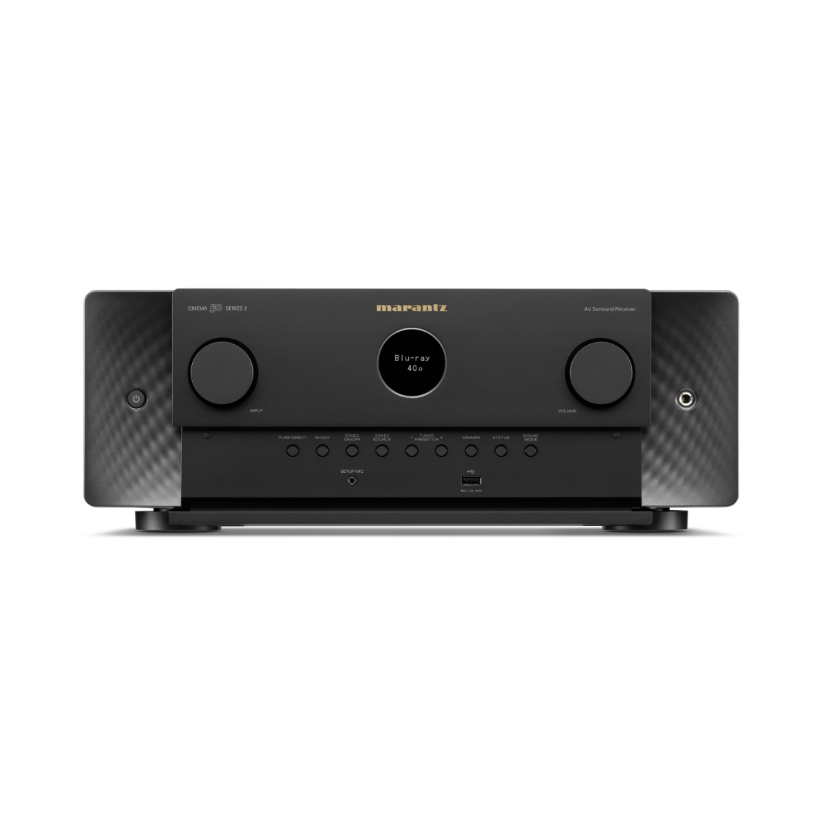 A Marantz receiver or AV receiver in matte black, featuring two large front-facing volume knobs, a central display screen, and a row of control buttons below, set against a plain white background.