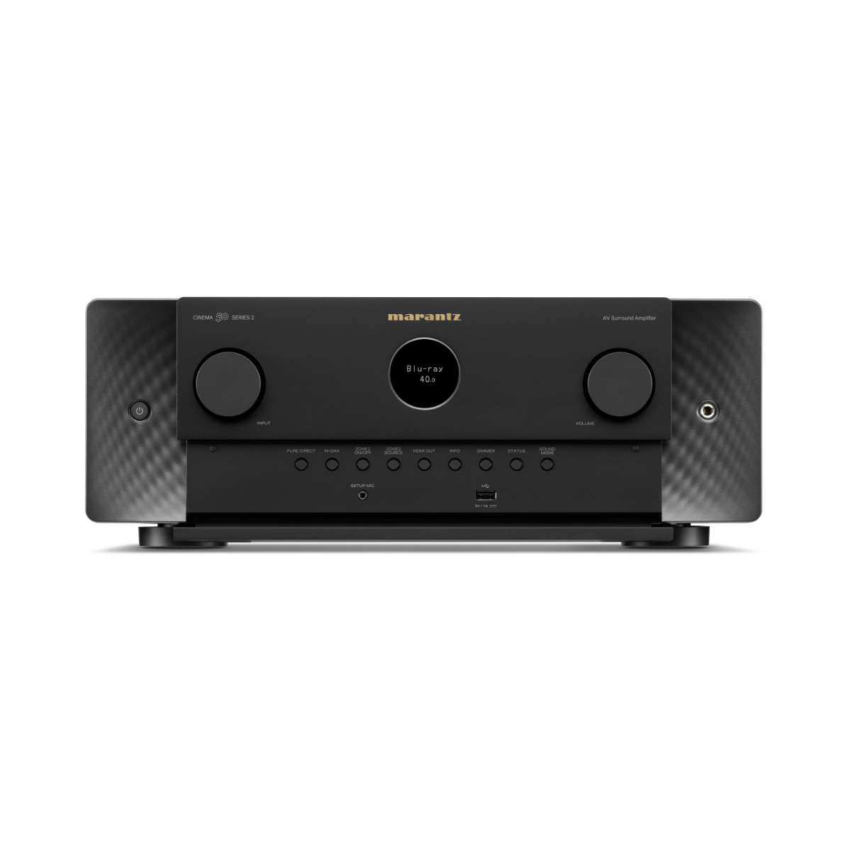 A black Marantz Cinema 50 Series 2 AV Receiver with two large front volume knobs, a central display screen, and a row of control buttons below, shown against a plain white background.