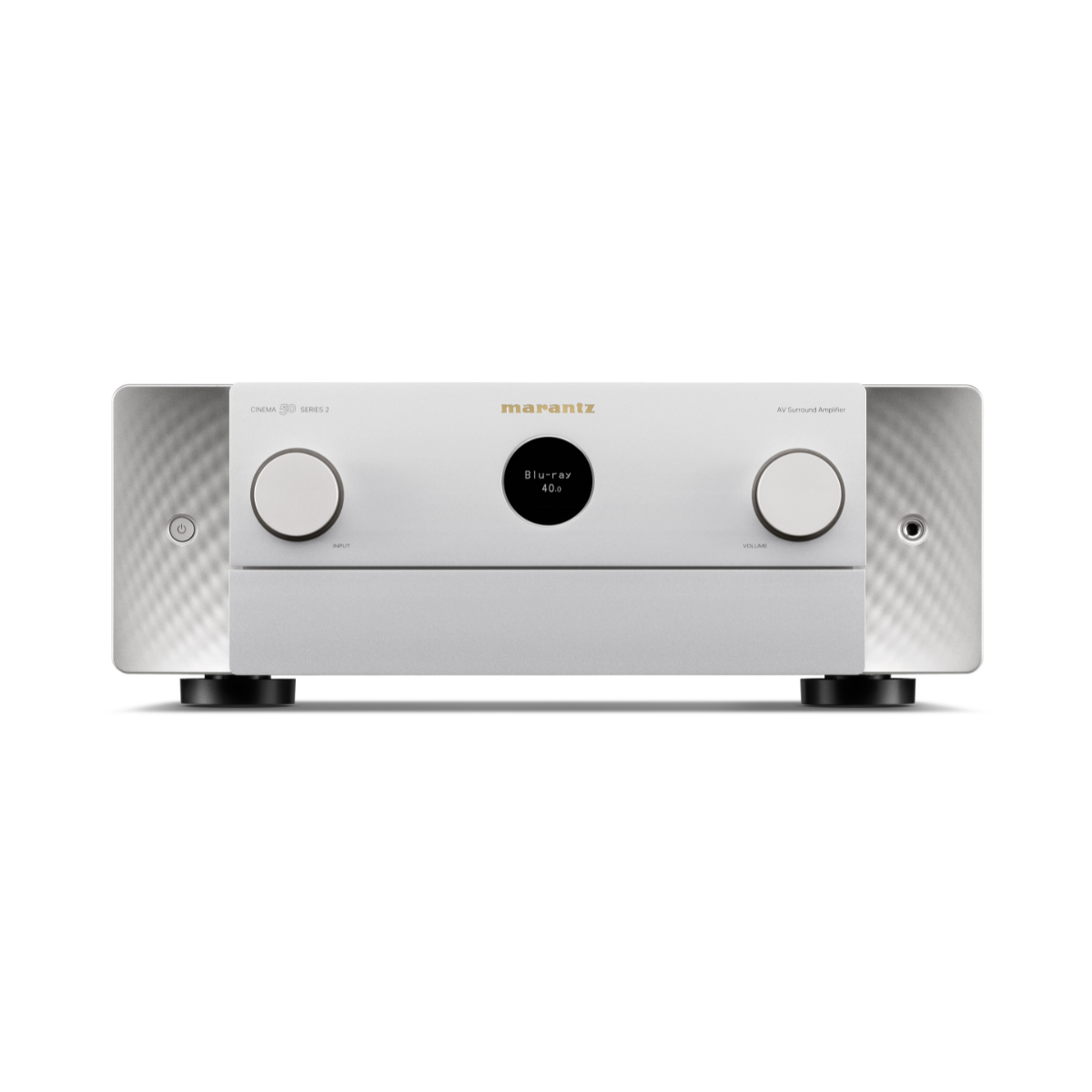 A silver Marantz amplifier receiver with two large white control knobs and a central black display screen, set against a plain white background.