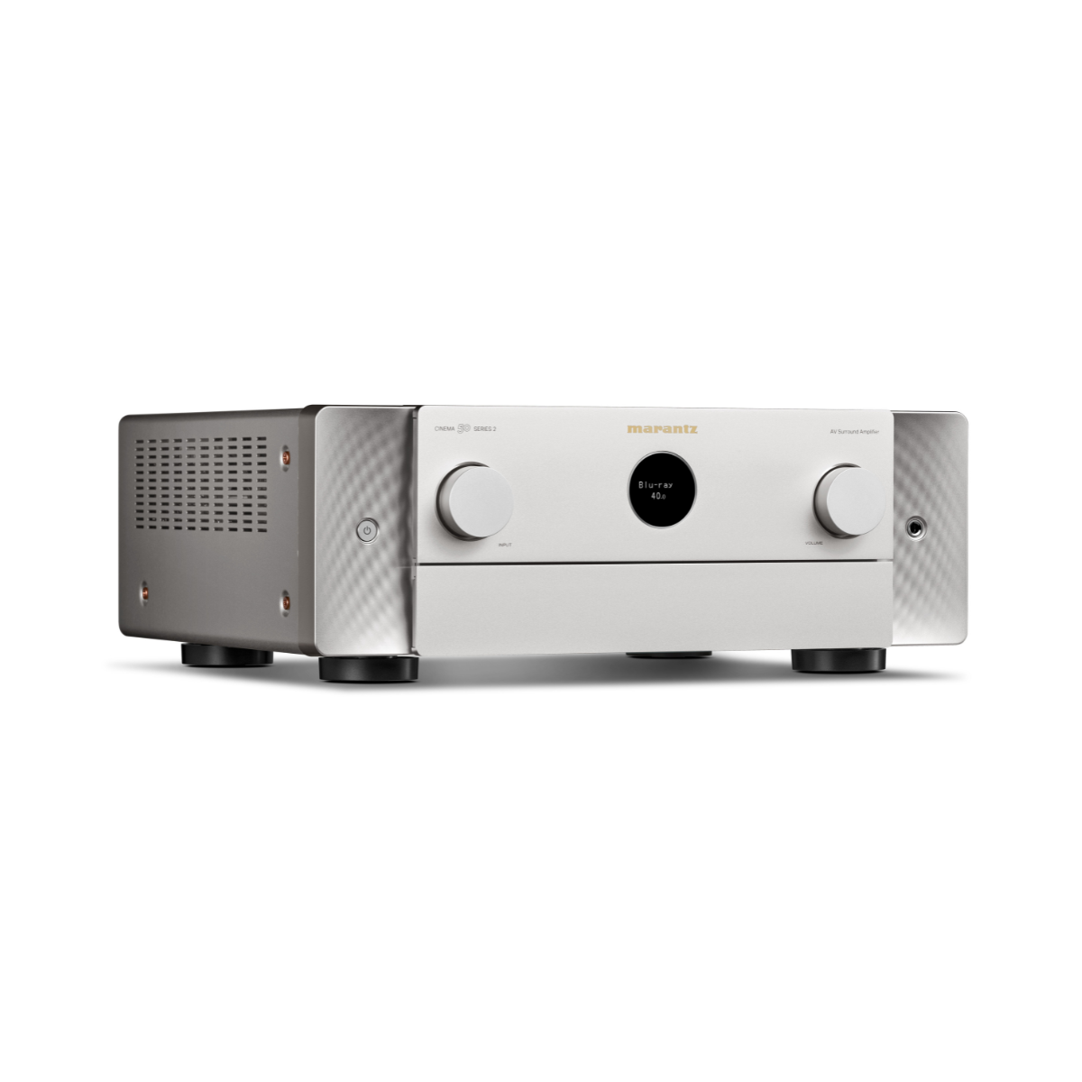 A Marantz Cinema 50 Series 2 AV Receiver in brushed silver metal, featuring two white rotary knobs and a central black circular display on the front panel, set against a plain white background.