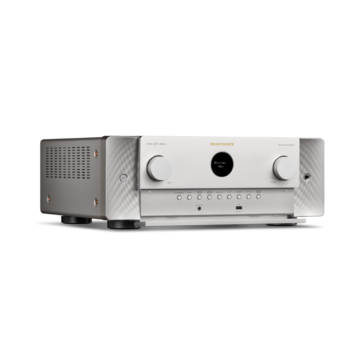A silver and gold Marantz Cinema 50 Series 2 AV Receiver with white control knobs and a black center display, shown from a three-quarter angle on a white background.