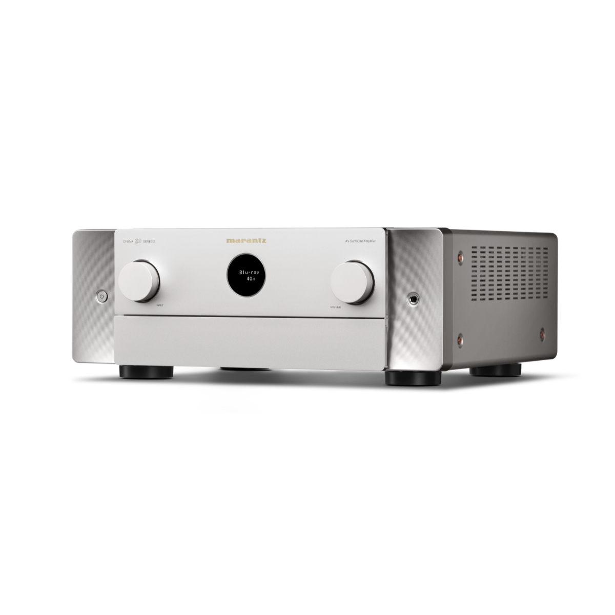 A silver and gold Marantz Cinema 50 Series 2 AV Receiver with two white front knobs, a central black display, and a textured side panel, shown on a clean white background.