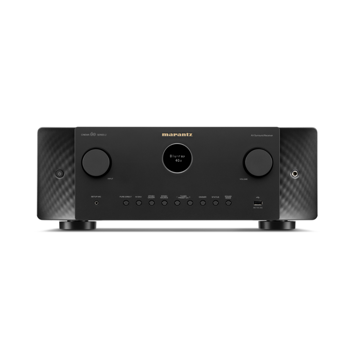 A black Marantz Cinema 60 Series 2 AV Receiver with a digital display screen and control buttons on the front panel, set against a plain white background.