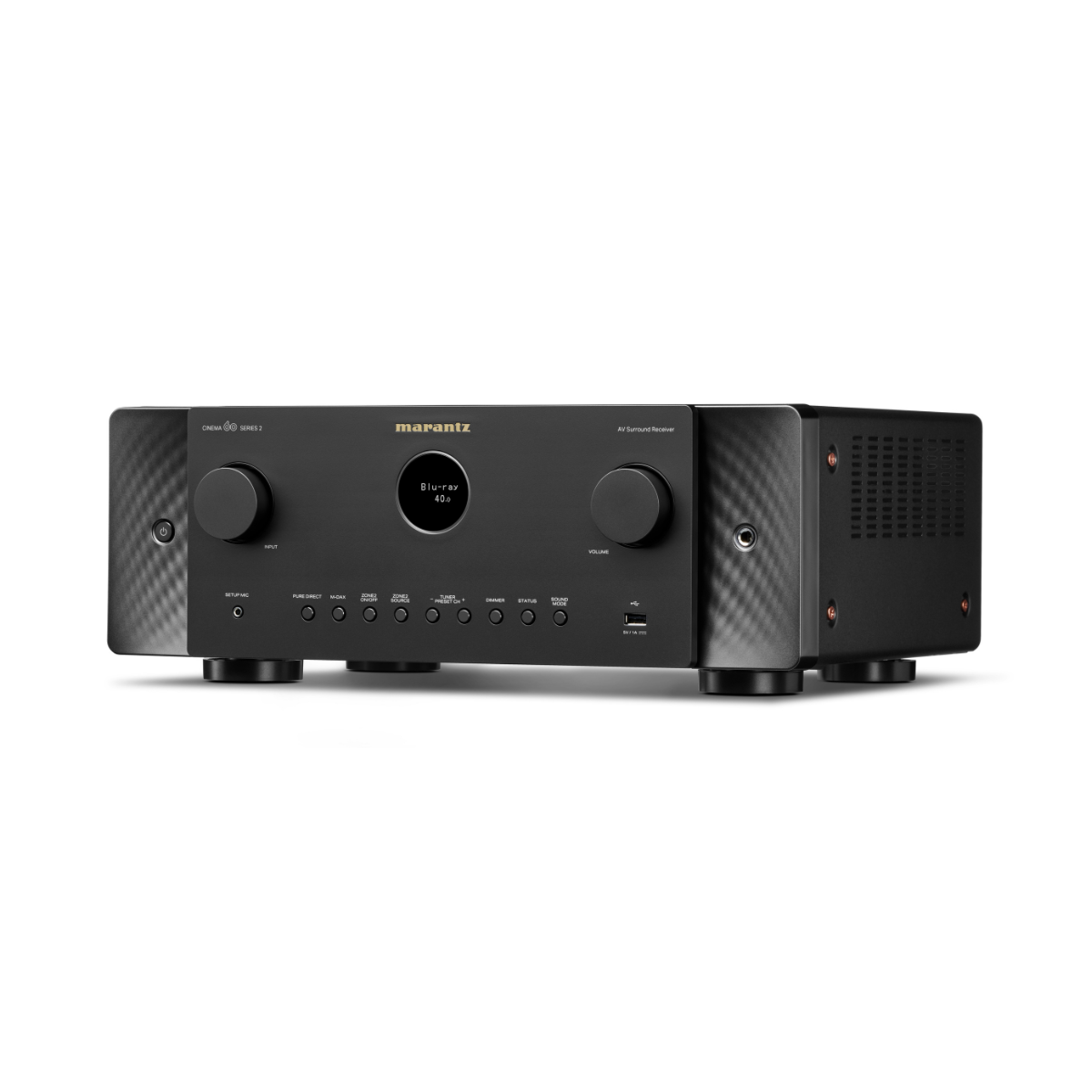 A Marantz Cinema 60 Series 2 AV Receiver in matte black with a carbon fiber pattern on the side panels, shown from a front-three-quarter angle on a white background.