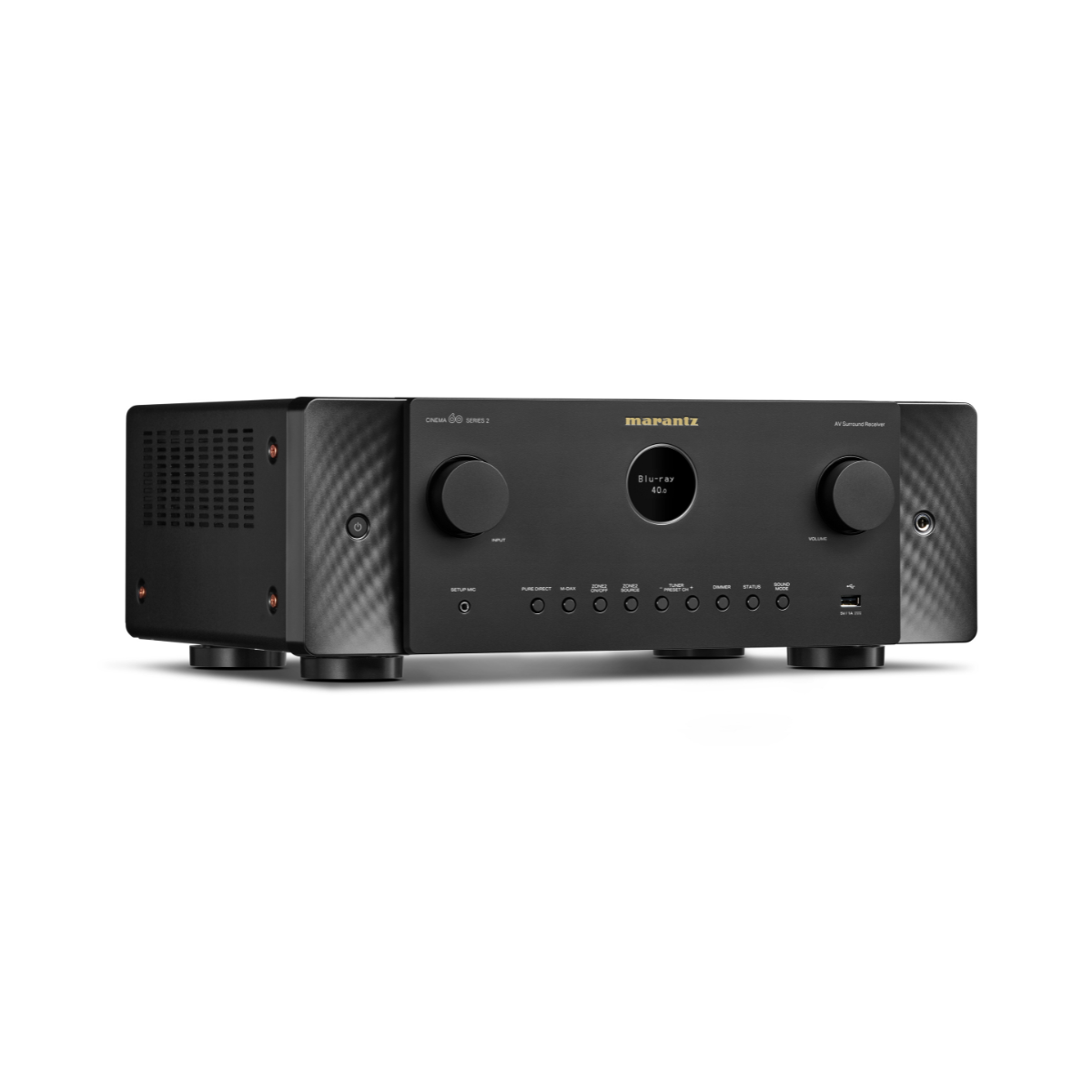 A black Marantz Cinema 60 Series 2 AV Receiver with a textured front panel, dual rotary knobs, and a central display screen, shown on a clean white background.