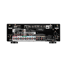 Rear panel view of a black audio receiver or amplifier with multiple input and output jacks, ports, and labels on a plain white background.