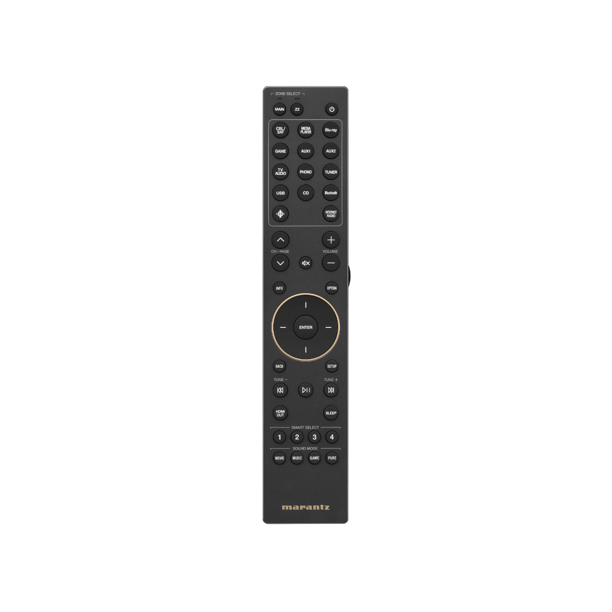 A black Marantz remote control with a gold directional pad ring, shown vertically against a plain white background.