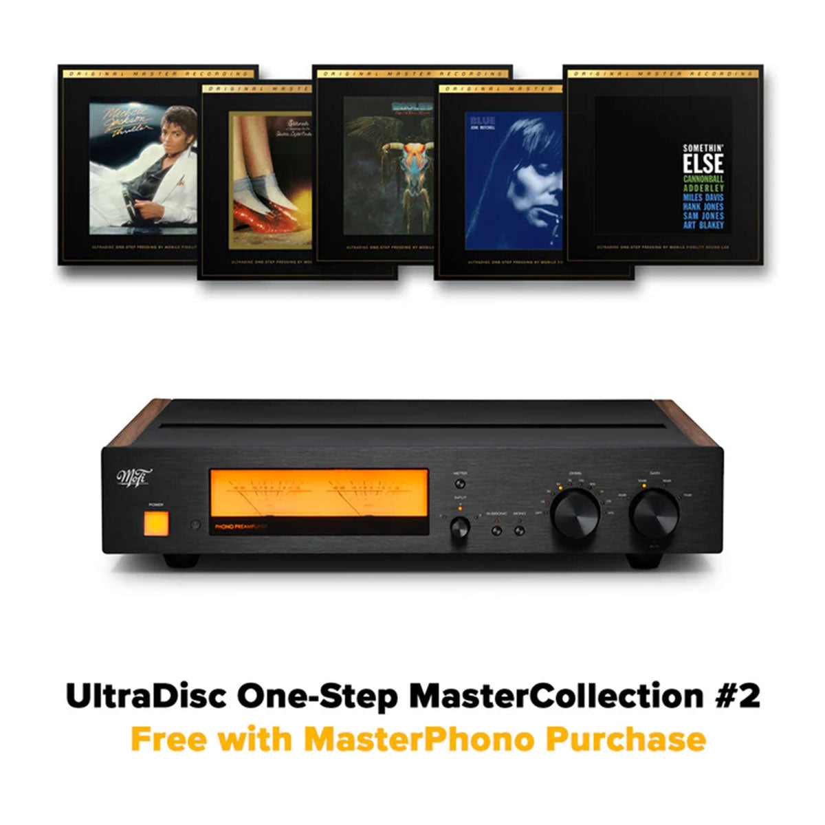 MoFi MasterPhono Phonostage - walnut - front view with featured UltraDisc One-Step MasterCollection #2