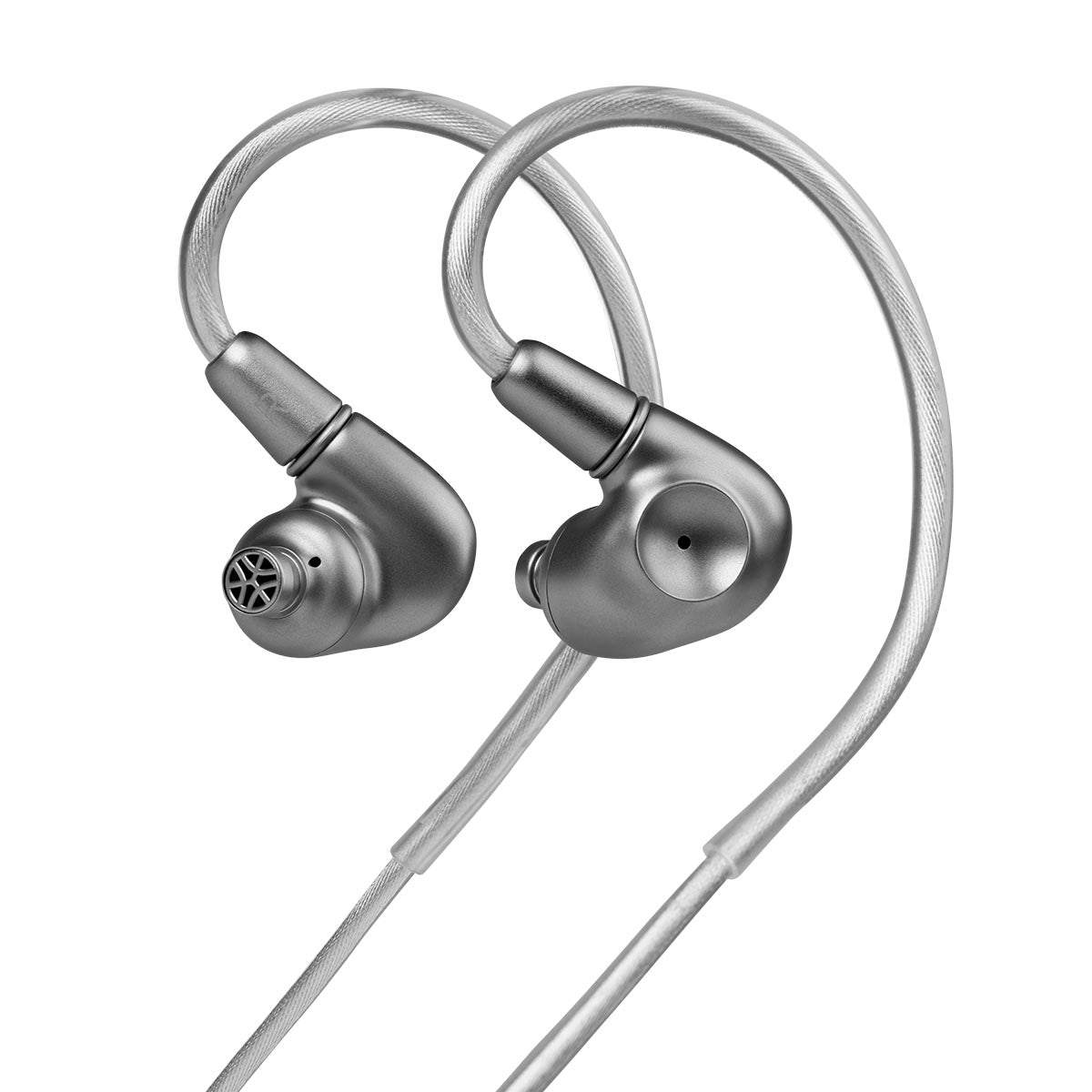 Meze Audio ASTRU Single Dynamic Driver In-Ear Monitors - both earbuds without ear tips connected to wires on white background