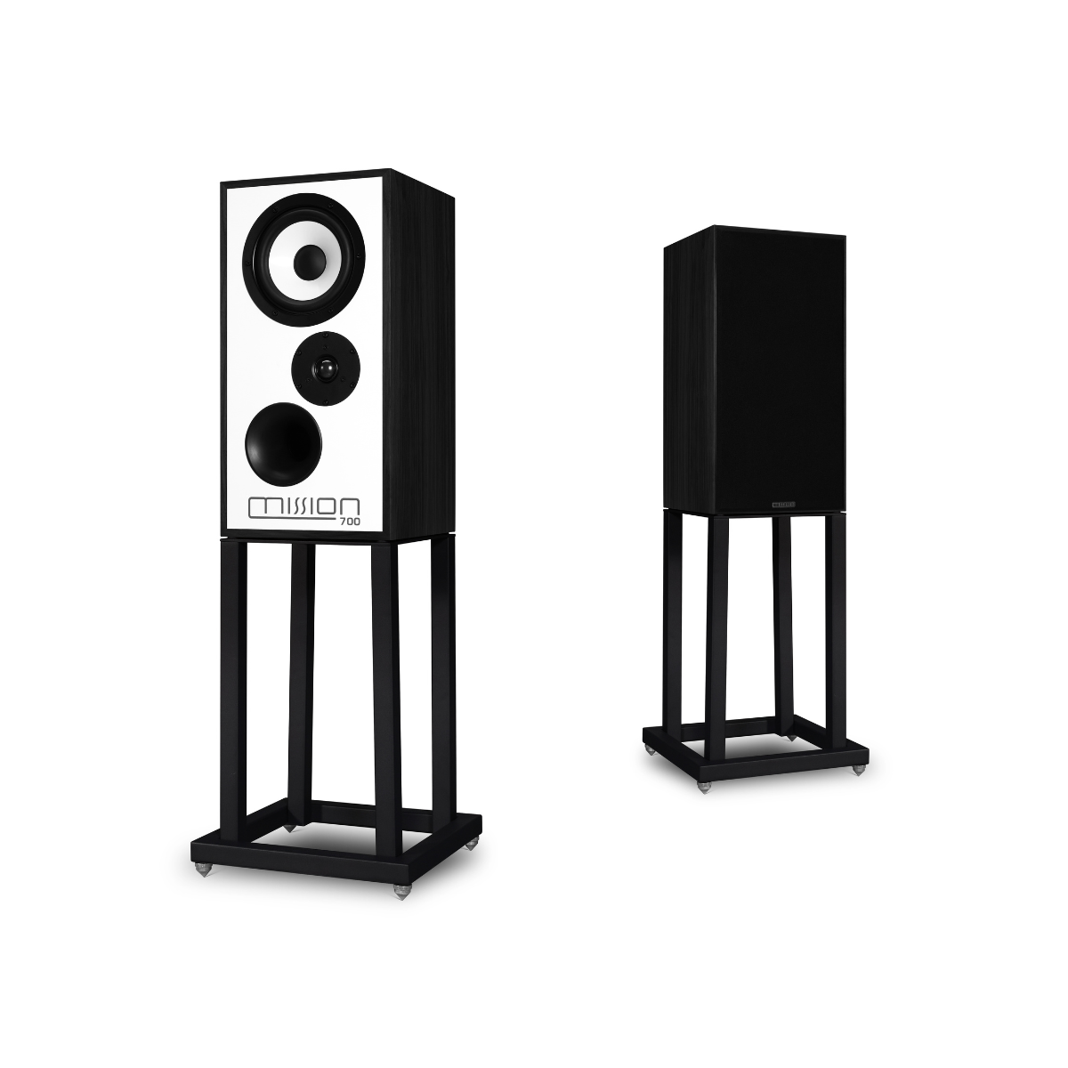 A pair of Mission 700 Bookshelf Speaker on black metal stands, shown from the front and side angles against a plain white background.