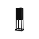A black Mission 700 Bookshelf Speaker on a matching black metal stand, shown against a plain white background.