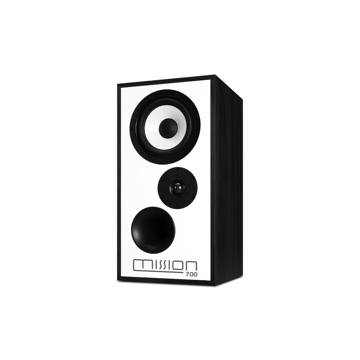 A Mission 700 bookshelf speaker with a white front panel, black side panel, and three black drivers, shown on a plain white background.