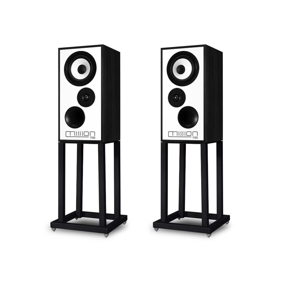 Two black and white Mission 700 Bookshelf Speaker on black metal stands, shown against a plain white background.