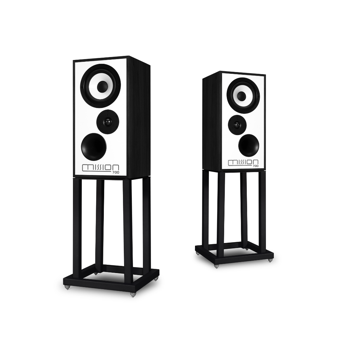 Two black and white Mission 700 Bookshelf Speaker on matching black metal stands, shown against a plain white background.