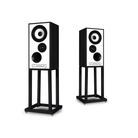 Two black and white Mission 700 Bookshelf Speaker on matching black metal stands, shown against a plain white background.