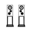 Two Mission 700 Bookshelf Speaker on matching black metal stands, shown side-by-side against a plain white background.