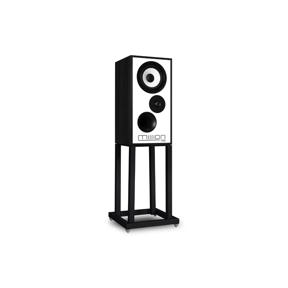 A black and white Mission 700 Bookshelf Speaker on a matching black metal stand, shown against a plain white background.