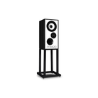 A black and white Mission 700 Bookshelf Speaker on a matching black metal stand, shown against a plain white background.