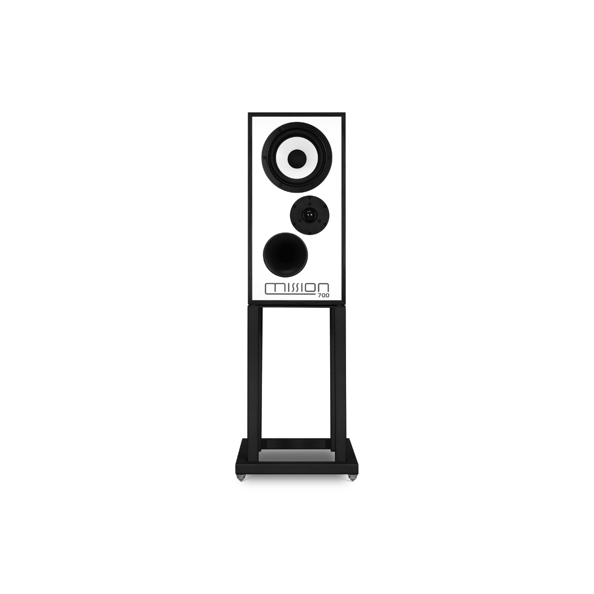 A black and white Mission 700 Bookshelf Speaker on a matching black stand, shown against a solid white background.