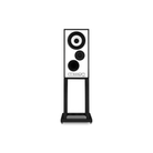 A black and white Mission 700 Bookshelf Speaker on a matching black stand, shown against a solid white background.