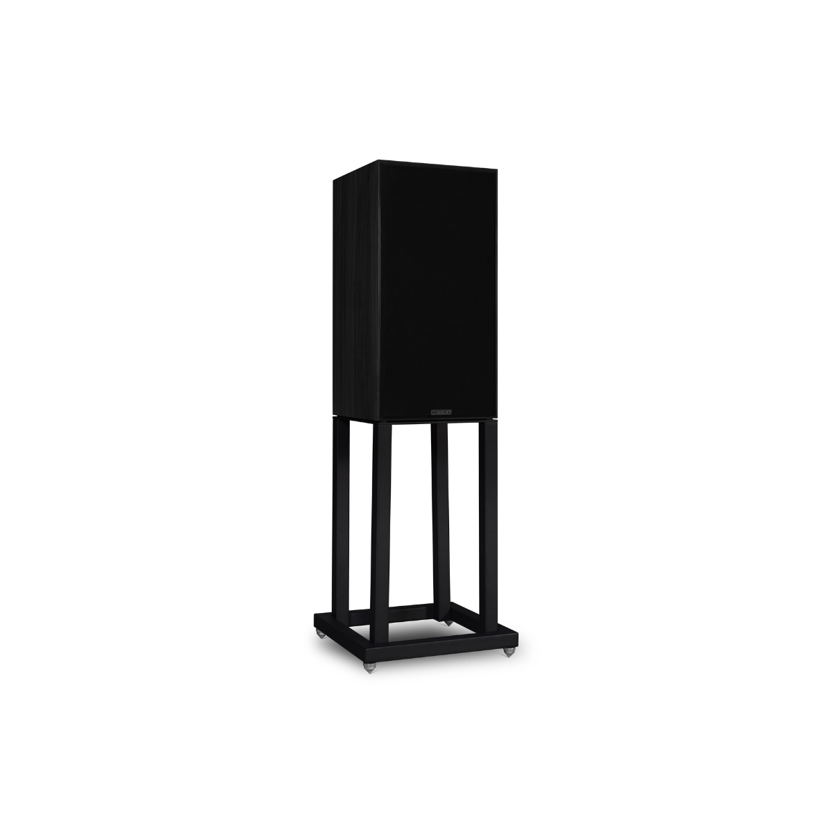 A black Mission 700 Bookshelf Speaker on a matching black wheeled display stand, photographed against a solid white background.